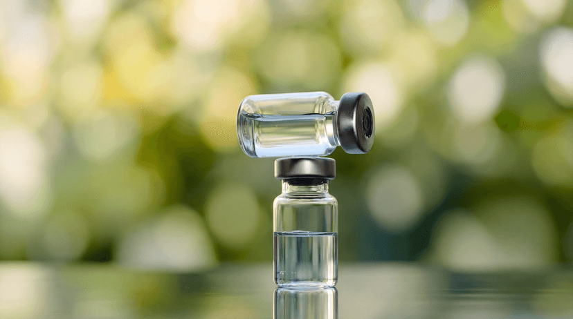 Two glass injection vials with brushed silver caps, one stacked on top of the other, against soft green foliage