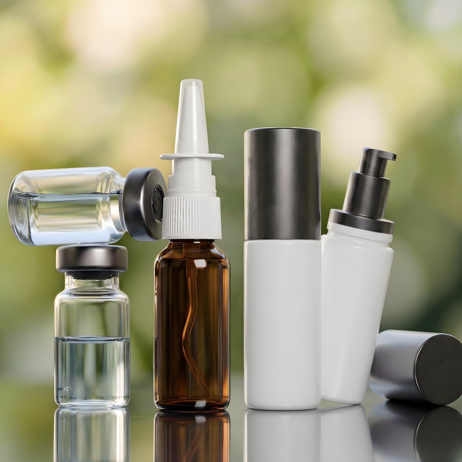 A vial, amber nasal spray bottle, white pump bottles, and other Craft Peptides delivery vessels arranged together