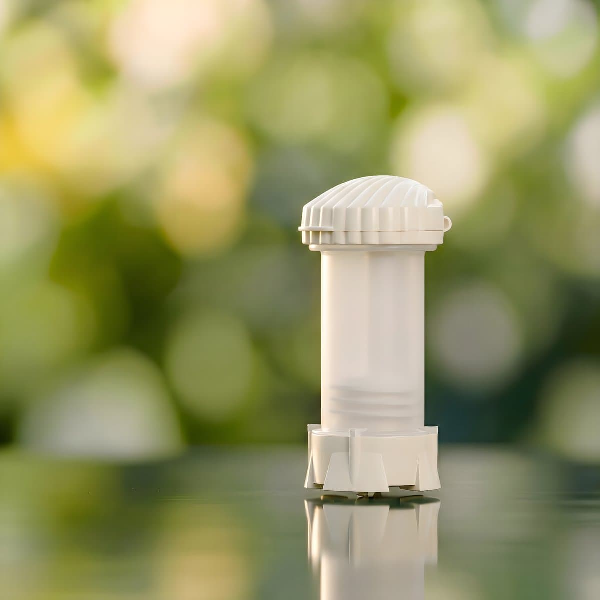 White intravaginal applicator with ribbed dome cap on a tripod base, soft green bokeh background