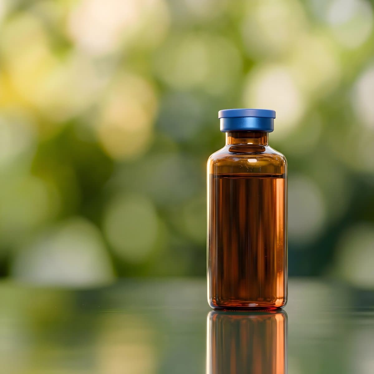 Amber glutathione injection vial with blue cap, soft green bokeh background