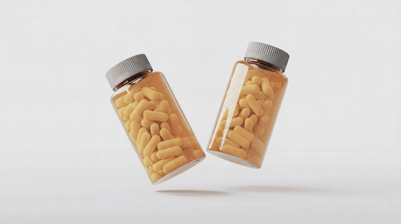 White hormone capsules in blister pack, soft green bokeh background