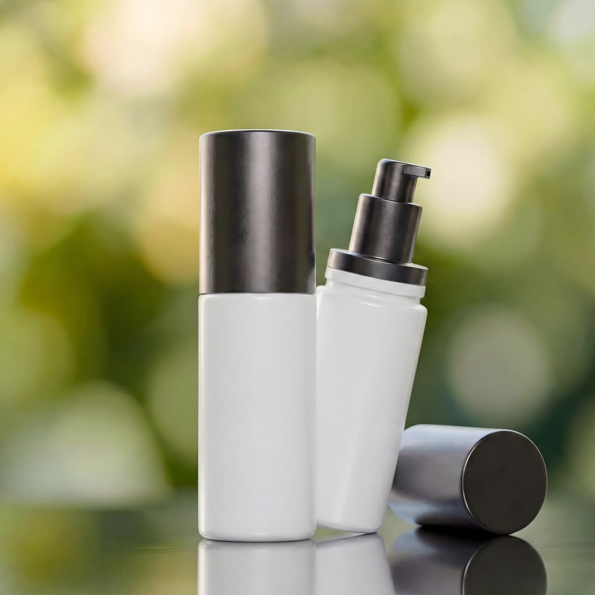 White pump bottles with metal caps for topical application, soft green bokeh background