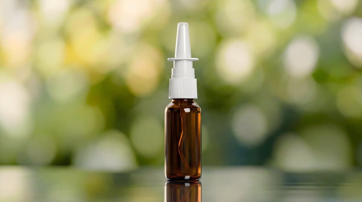 Amber glass nasal spray bottle with white applicator, soft green bokeh background