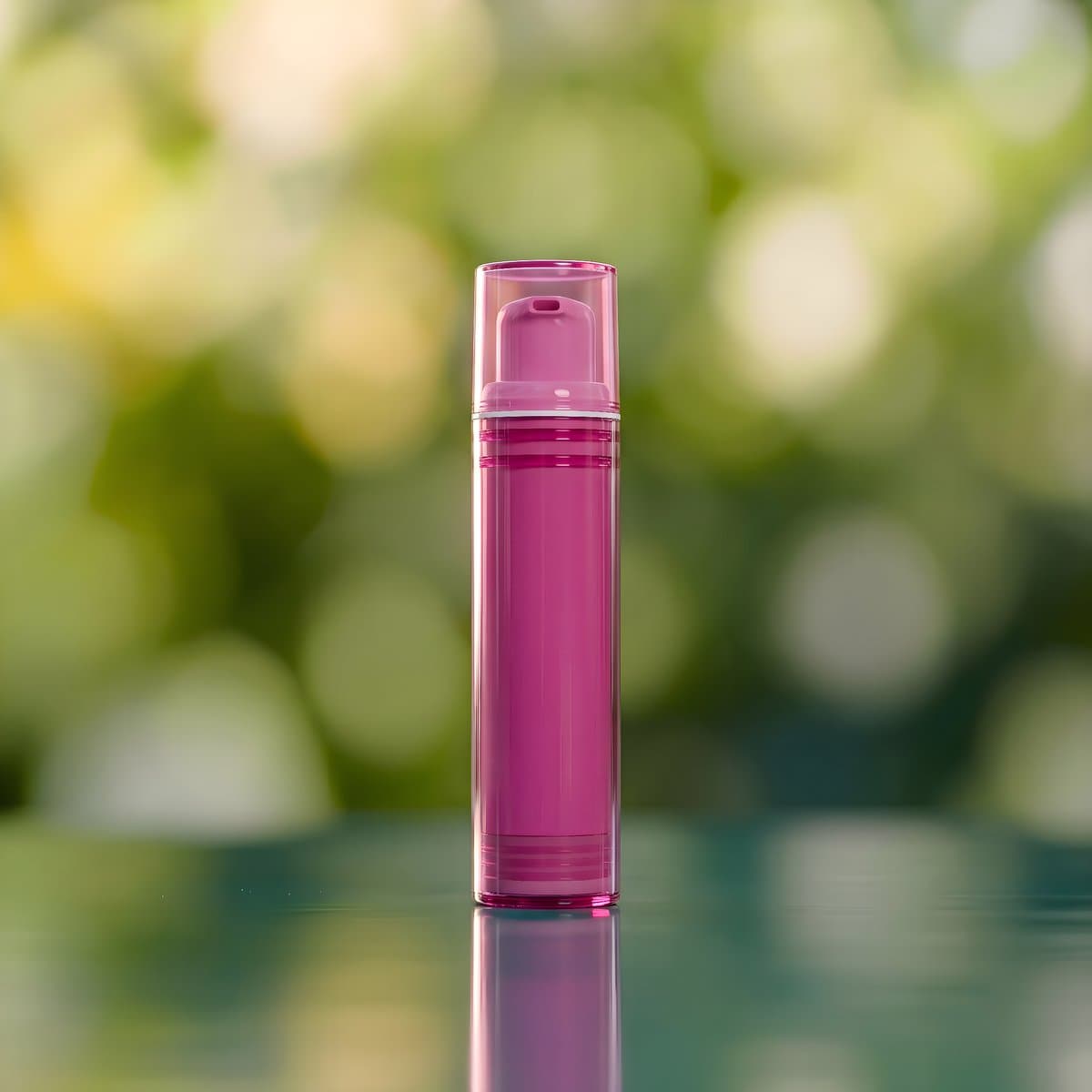 Pink airless pump bottle for vaginal hydration formula, soft green bokeh background