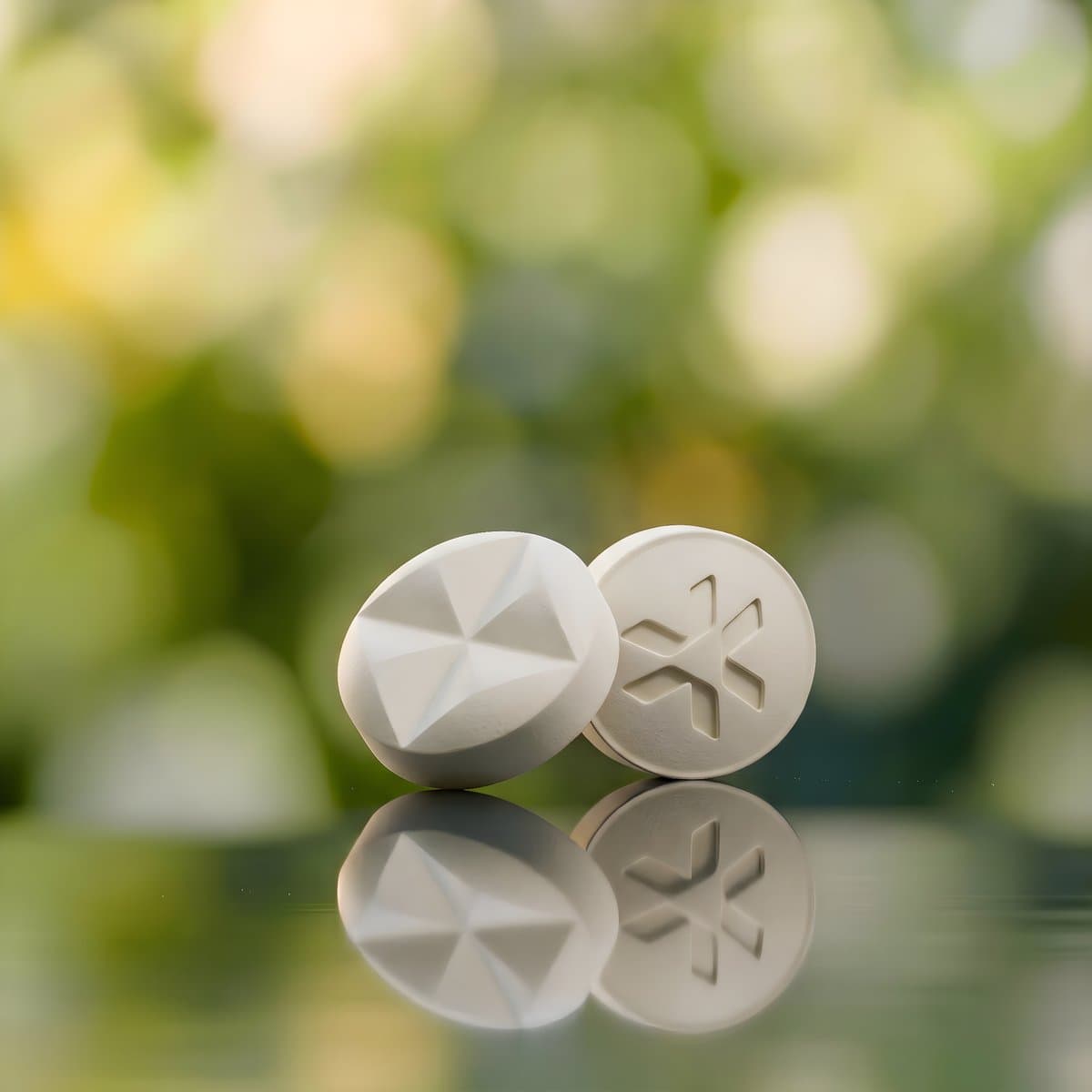 White round sublingual tablets with embossed star symbol, soft green bokeh background