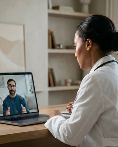 Licensed clinician reviewing a patient on a telehealth call