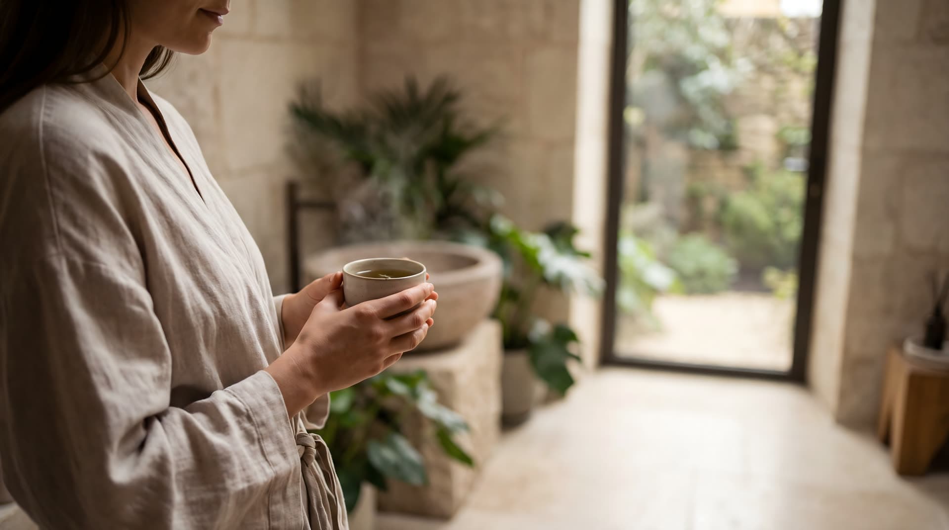 Woman in linen robe with tea cup, calm wellness moment by garden window