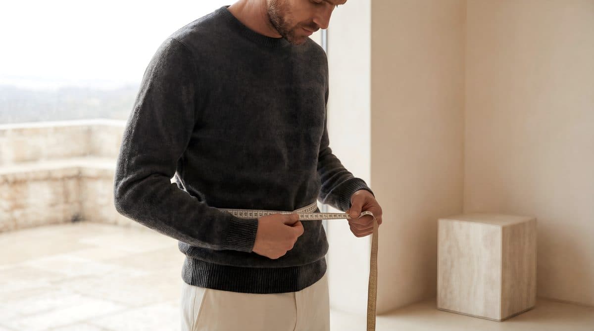 Man in charcoal sweater measuring his waist with a tape