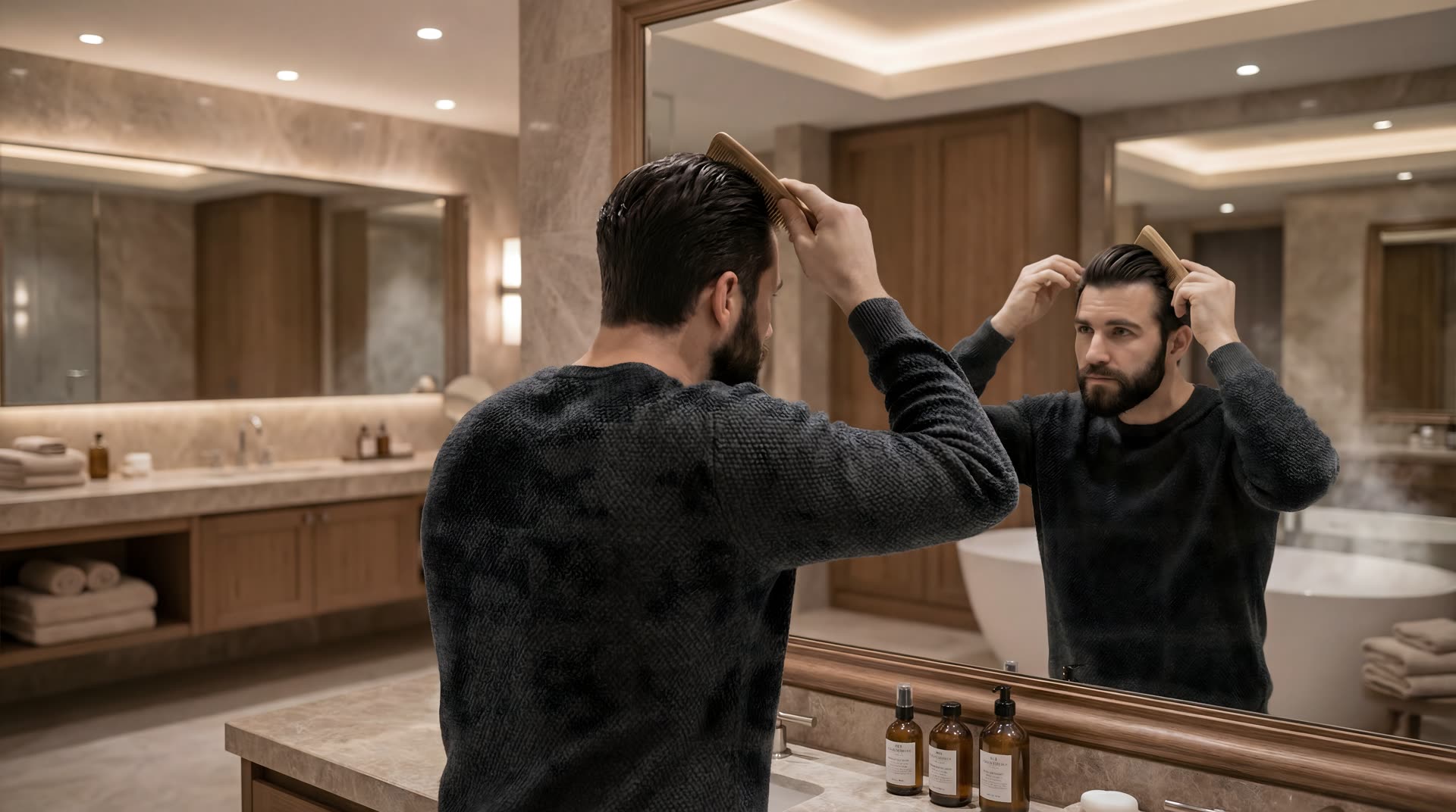 Man combing hair in a luxury bathroom — GHK-Cu 3% scalp therapy